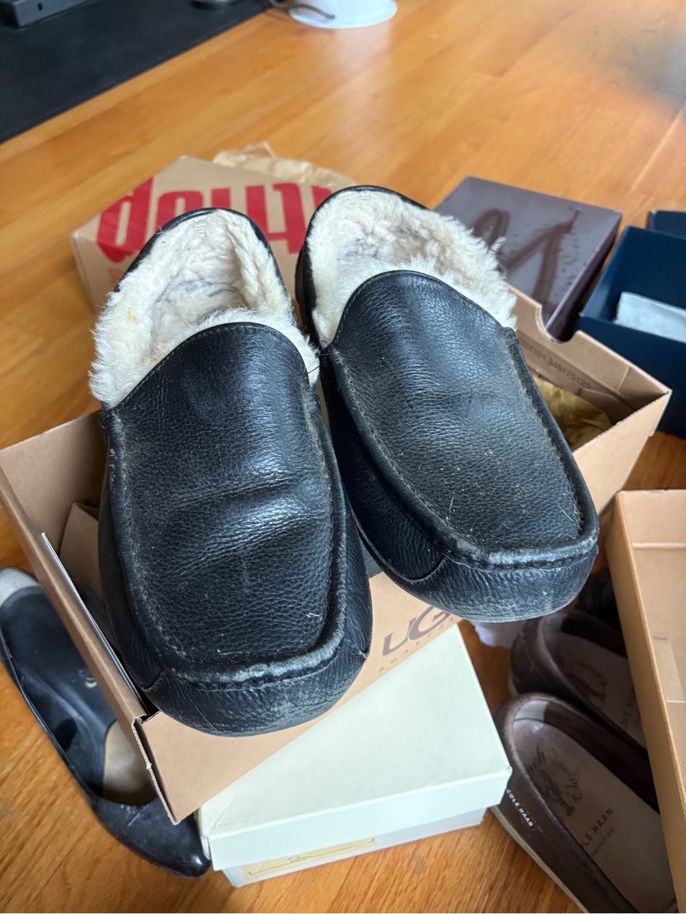 UGG Black Leather Shearling-Lined Slip-On Loafers
